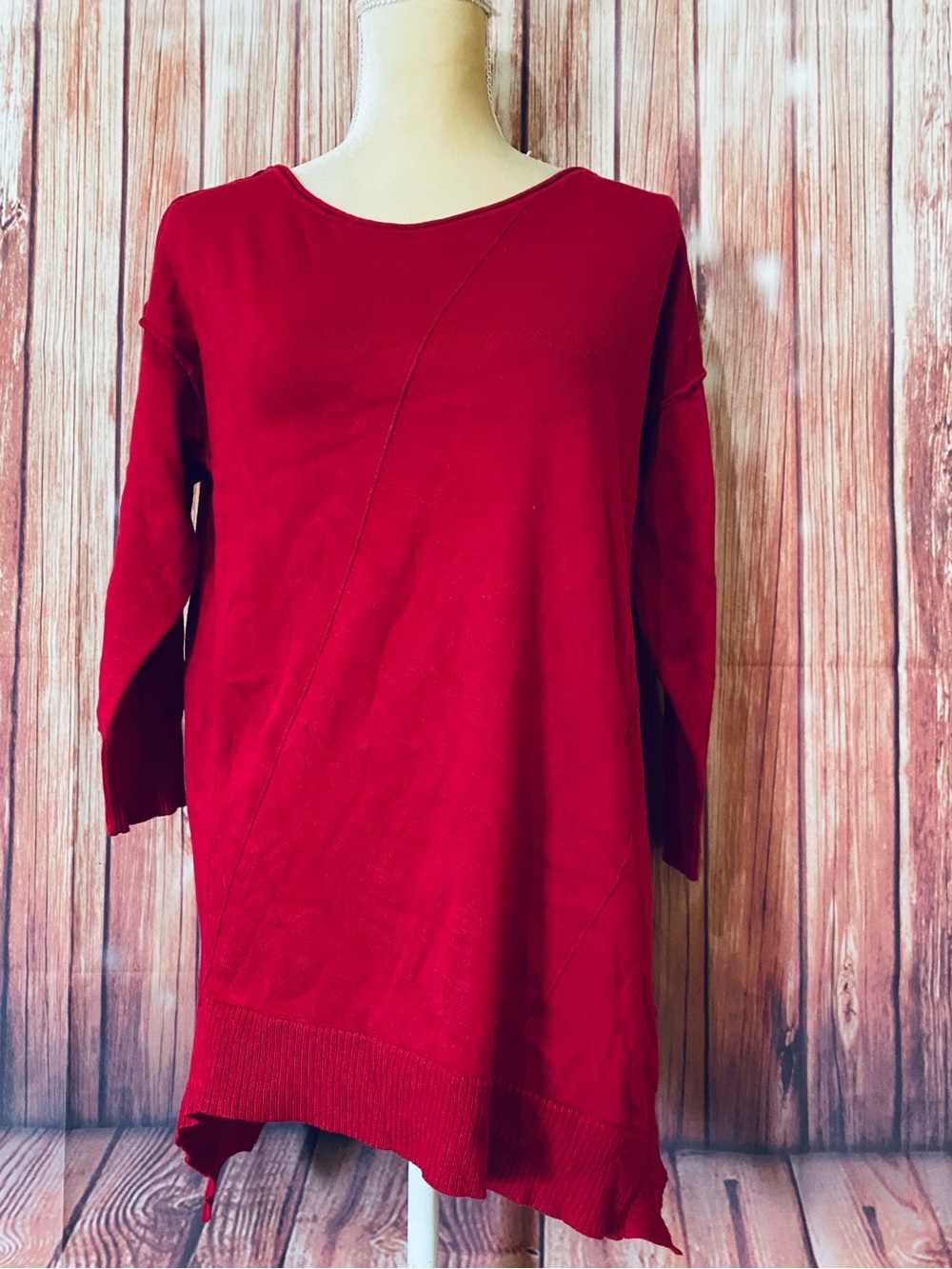 Women's Small Sweater Verve Ami Red Lightweight Knit Asymmetrical Hem 3/3 Sleeve